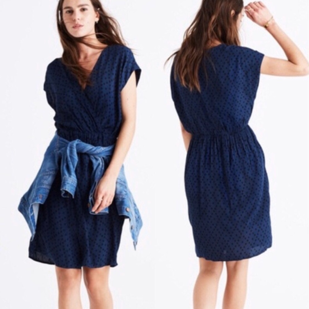 Madewell Wrap Front Mini Dress (navy brushstroke diamond, size S)